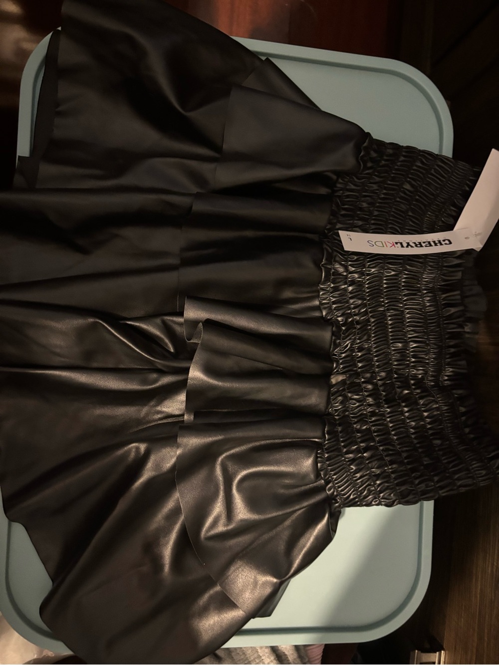 Black Faux Leather Smocked Mini Skirt from Cheryl kids size large youth